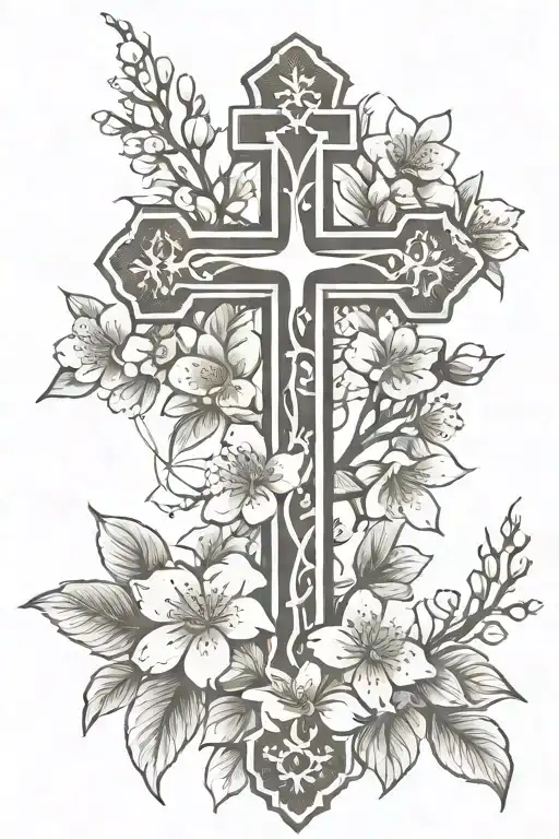 simple  cross with cherry blossom flowers and the quote " Heavily protected by God" tattoo design idea