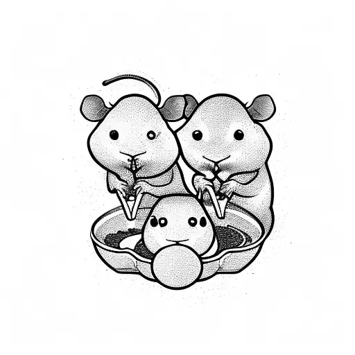 three rats sat in a bowl of noodle soup and dumplings tattoo design idea