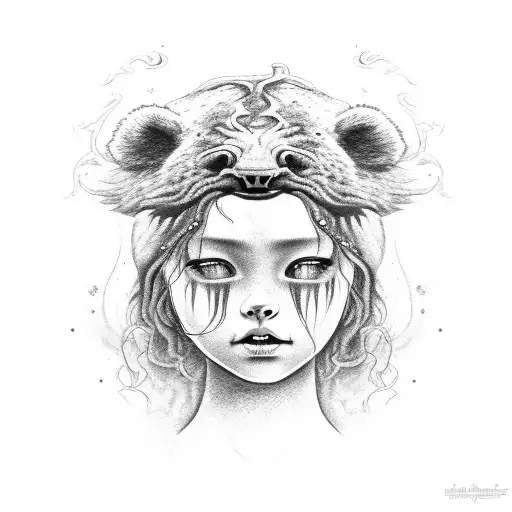 young girl Medusa standing and crying in front of angry bear tattoo design idea