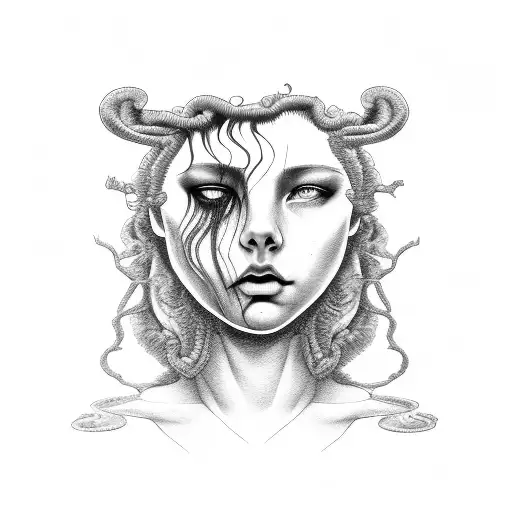 young girl Medusa standing and crying in front of angry bear tattoo design idea