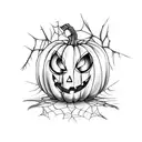 creepy Halloween pumpkin tattoo with a full moon background, spiders, spider webs, shadows, old tree   tattoo design idea