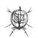 creepy Halloween pumpkin tattoo with a full moon background, spiders, spider webs, shadows, old tree   tattoo design idea