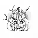 creepy Halloween pumpkin tattoo with a full moon background, spiders, spider webs, shadows, old tree   tattoo design idea