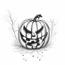 creepy Halloween pumpkin tattoo with a full moon background, spiders, spider webs, shadows, old tree   tattoo design idea