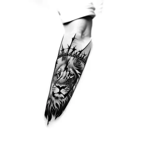 a lion with a crown of thorns tattoo design idea