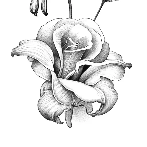 rose, an iris, a daisy, pansies, tulips, sweetpeas, blue bonnets, violets, a calla lily, a lily of the valley, a lilac,  tattoo design idea