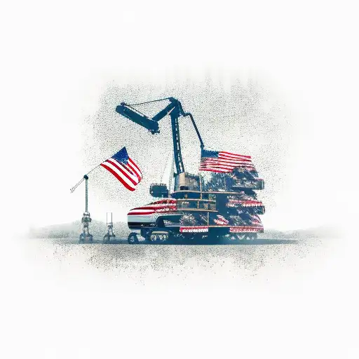 American flag, drilling rig derrick, crane ball and hook, trees, Harley Davidson  tattoo design idea