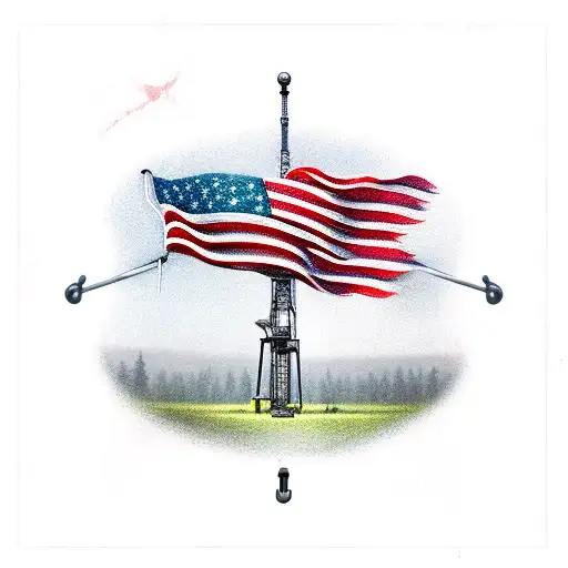 American flag, drilling rig derrick, crane ball and hook, trees, Harley Davidson  tattoo design idea