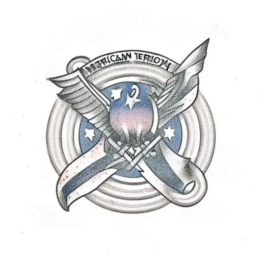 American flag, drilling rig derrick, crane ball and hook, trees, Harley Davidson  tattoo design idea