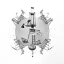 American flag, drilling rig derrick, crane ball and hook, trees, Harley Davidson  tattoo design idea