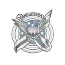 American flag, drilling rig derrick, crane ball and hook, trees, Harley Davidson  tattoo design idea