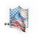 American flag, drilling rig derrick, crane ball and hook, trees, Harley Davidson  tattoo design idea