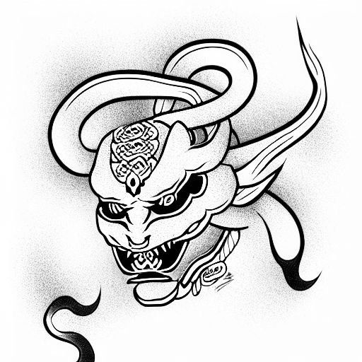 Hannya mask snake coming through eyes tattoo design idea