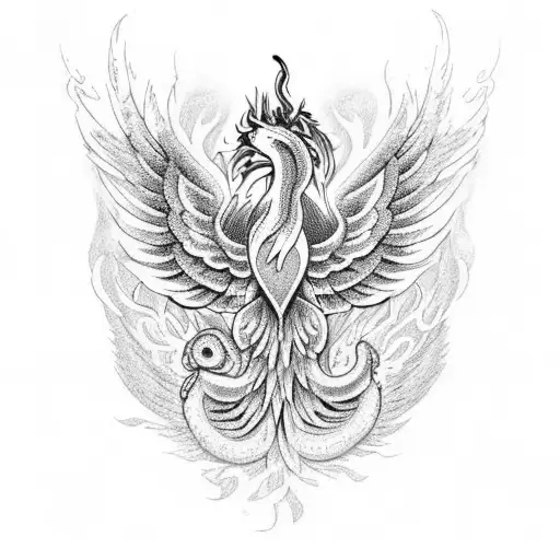 A dotwork tattoo of a phoenix rising from the ashes with snakes intertwined tattoo design idea