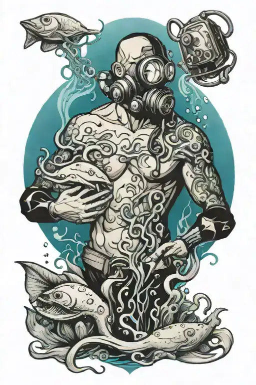 underwater scene with diver, chest, squid wrapped tattoo design idea