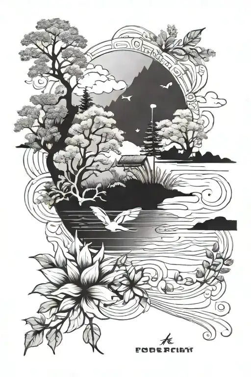 A serene lake scene with a subtle nod to sobriety, incorporating a hidden message of strength and resilience tattoo design idea