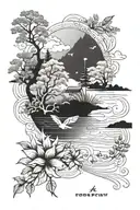 A serene lake scene with a subtle nod to sobriety, incorporating a hidden message of strength and resilience tattoo design idea