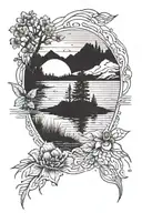 A serene lake scene with a subtle nod to sobriety, incorporating a hidden message of strength and resilience tattoo design idea