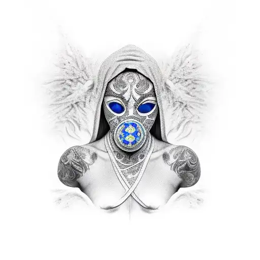 black and grey person with face covered riding came only showing blue eyes  tattoo design idea