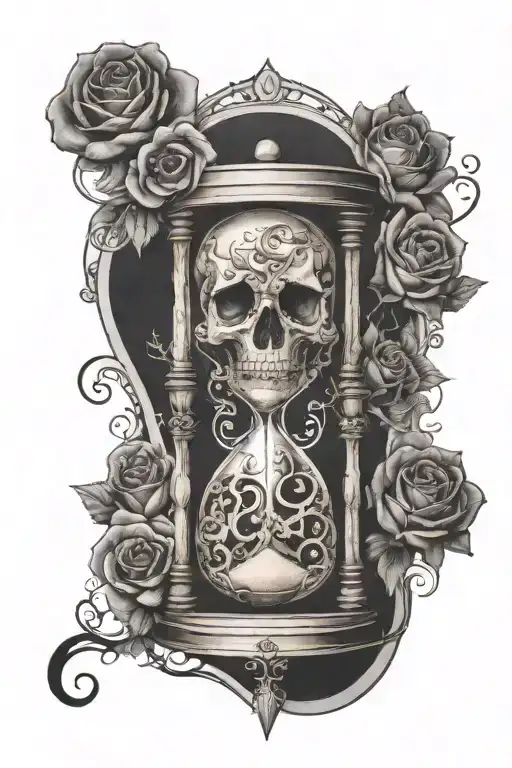hourglass with skulls inside with sand with roses and vines around   tattoo design idea
