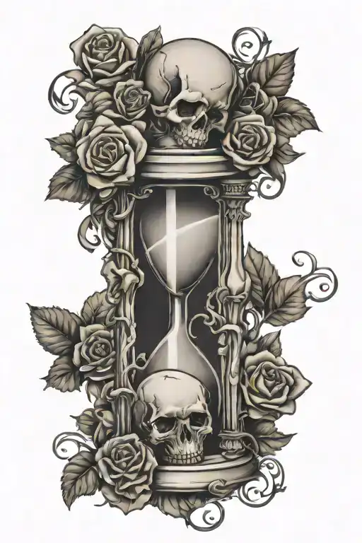 Hourglass skulls in sand with roses and vines around it   tattoo design idea