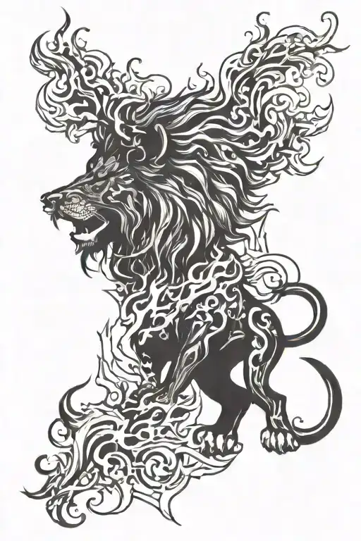 lion and fire flames tattoo design idea