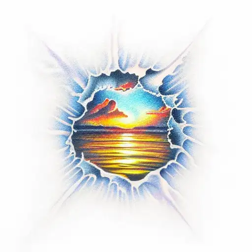 A detailed realism tattoo of a sunset reflecting on the water at a beach tattoo design idea
