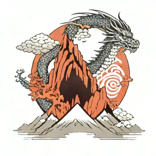 A dragon perched on top of a mountain peak, overlooking a vast ocean, in a dotwork style tattoo design idea
