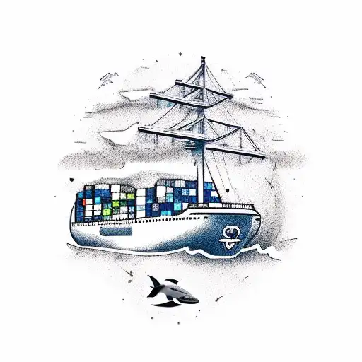 Container Merchant ship, wheel and shark  tattoo design idea