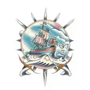 Merchant ship, wheel and shark  tattoo design idea