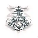 Container Merchant ship, wheel and shark  tattoo design idea