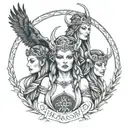 norse norns with Sophie written above their heads looking tattoo design idea