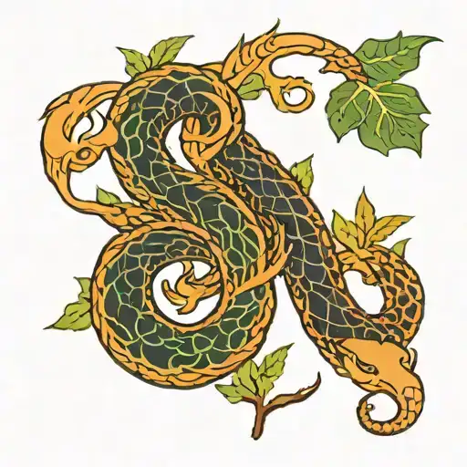 Jörmungandr wrapped around tree of life in color henri matisse tattoo design idea