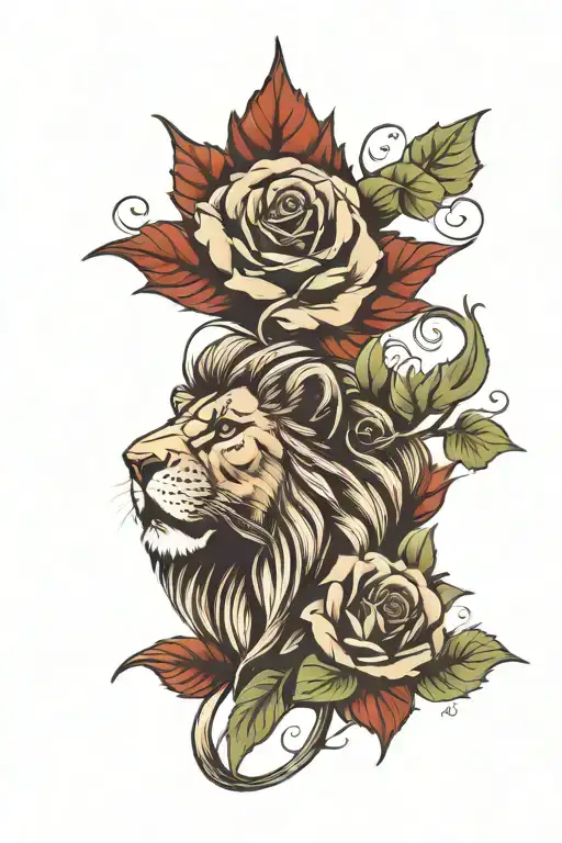 lion with English rose and Canadian maple leaf  tattoo design idea