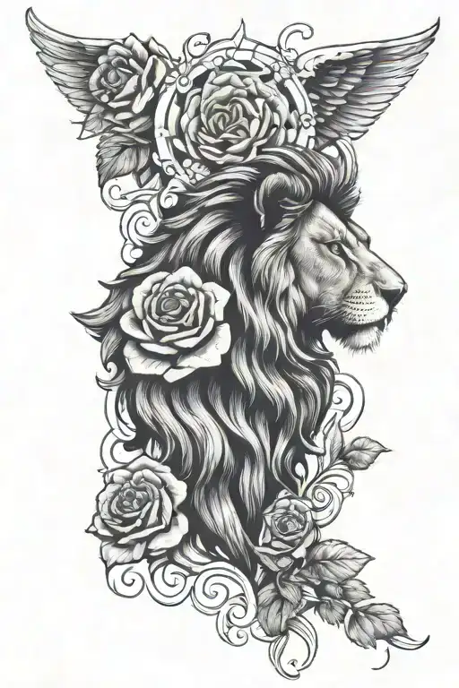 lion with English rose, commercial real estate and swimmer tattoo design idea