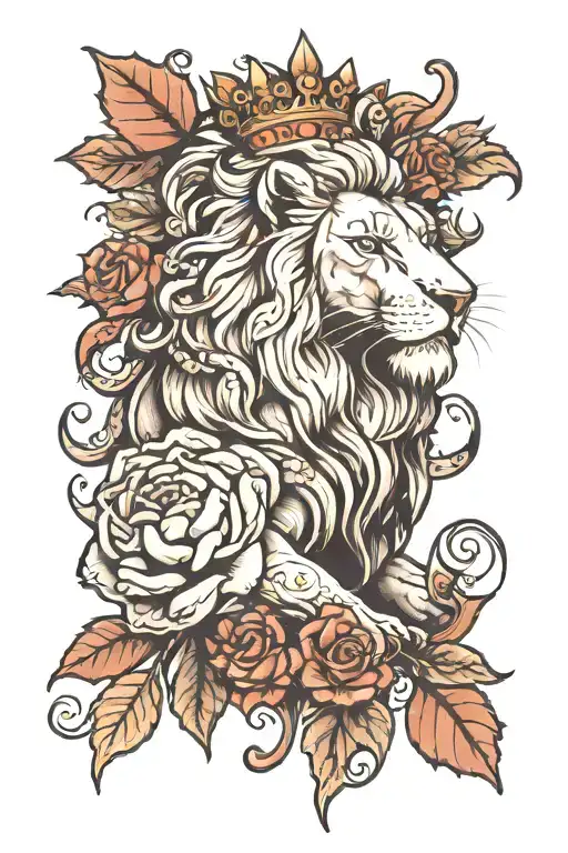 noble lion with English rose and Canadian maple leaf  tattoo design idea