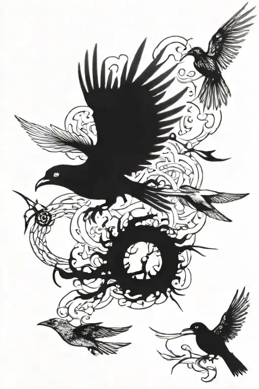 smoke separates war and peace, war on the left is weapons, crows, fire, on the right is peace is grass and swallows tattoo design idea