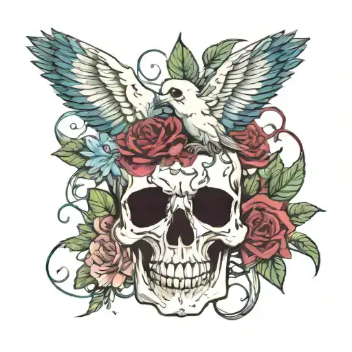 skull birds flowers worms dark side tattoo design idea