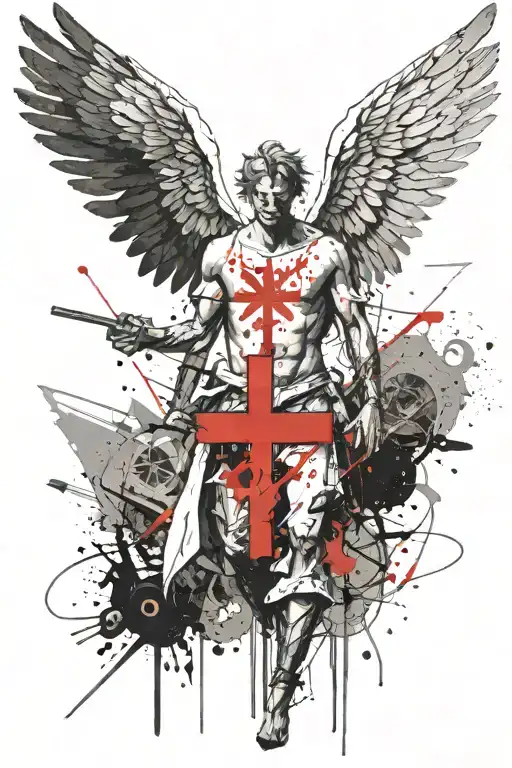an angel with Wings wide spread. behind him 3 crosses and sporita around him tattoo design idea