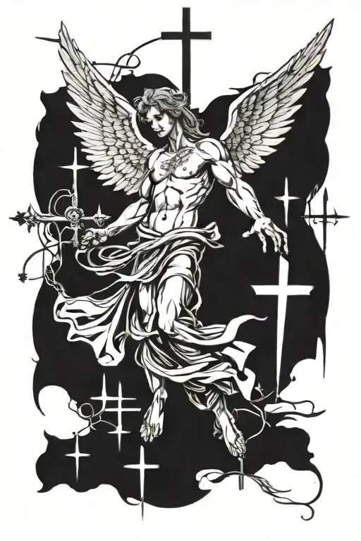 an angel with Wings wide spread. behind him 3 crosses and sporita around him tattoo design idea