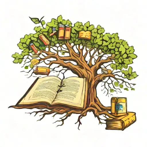 A tattoo of a tree that in the canopy contains books and graduation caps, with the roots of the tree tattoo design idea