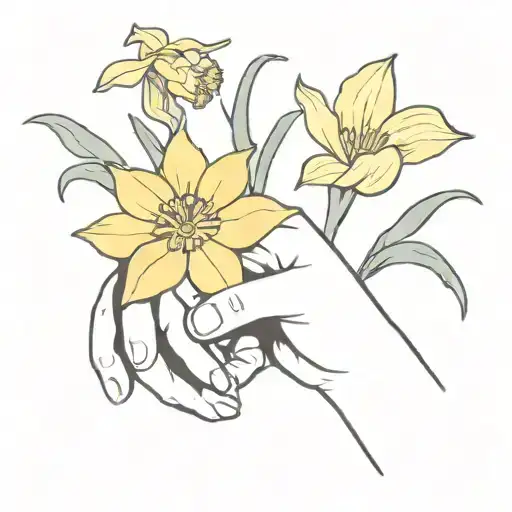 A fine line tattoo of a baby's hand holding a daffodil, symbolizing the bond between mother and daughter tattoo design idea