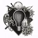 Create a tattoo of a light bulb surrounded by various tools tattoo design idea