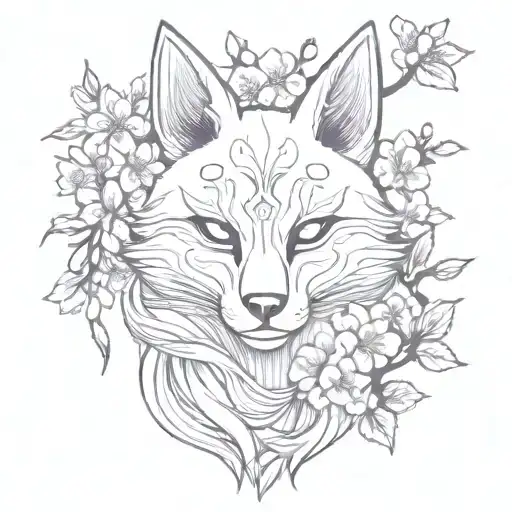 kitsune mask and cherry blossoms flowers tattoo design idea