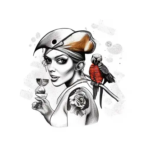 A beautiful pirate woman with a parrot perched on her shoulder, holding a treasure map tattoo design idea