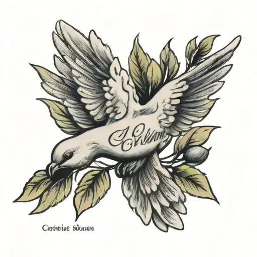 a dove holding an olive branch with the name "Callum" incorporated into the shape of the dove  tattoo design idea