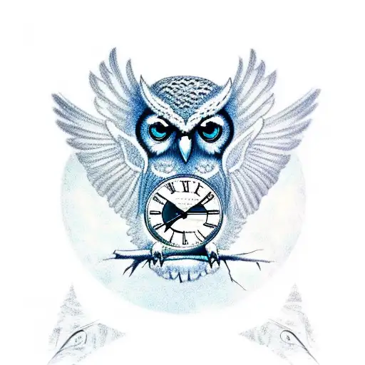 Owl with outstretched wings and a clock on its legs tattoo design idea