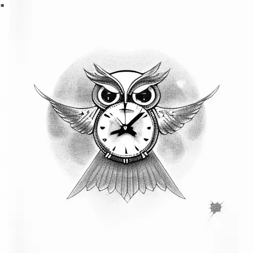 Owl with outstretched wings and a clock on its legs tattoo design idea