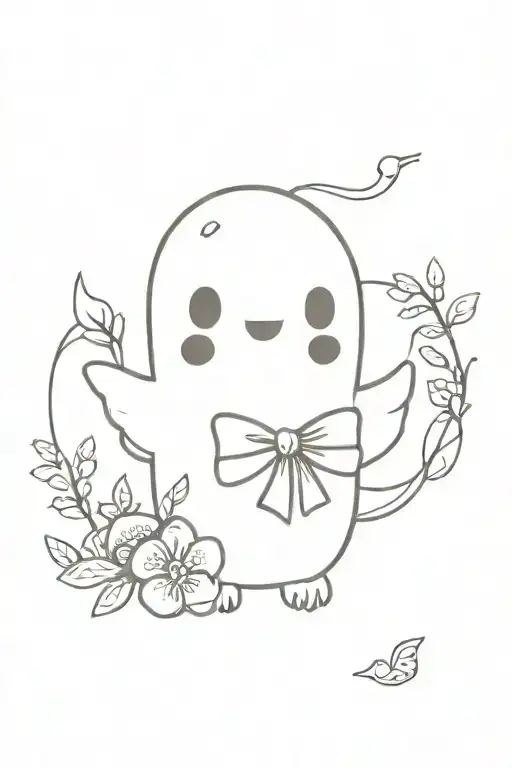 cute ghost with bow surrounded by flowers tattoo design idea