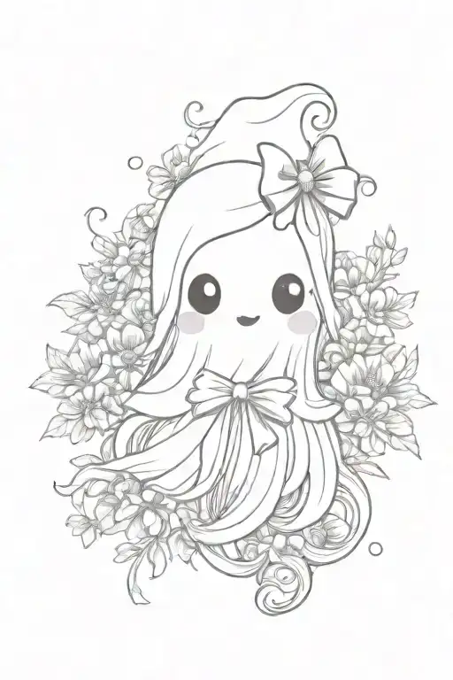 cute ghost with hair bow surrounded by flowers tattoo design idea